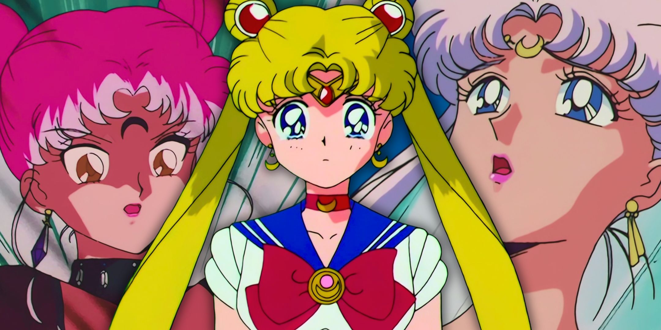 A collage of Sailor Moon Center that looks sad / crying, with the black lady and the queen serenity behind.
