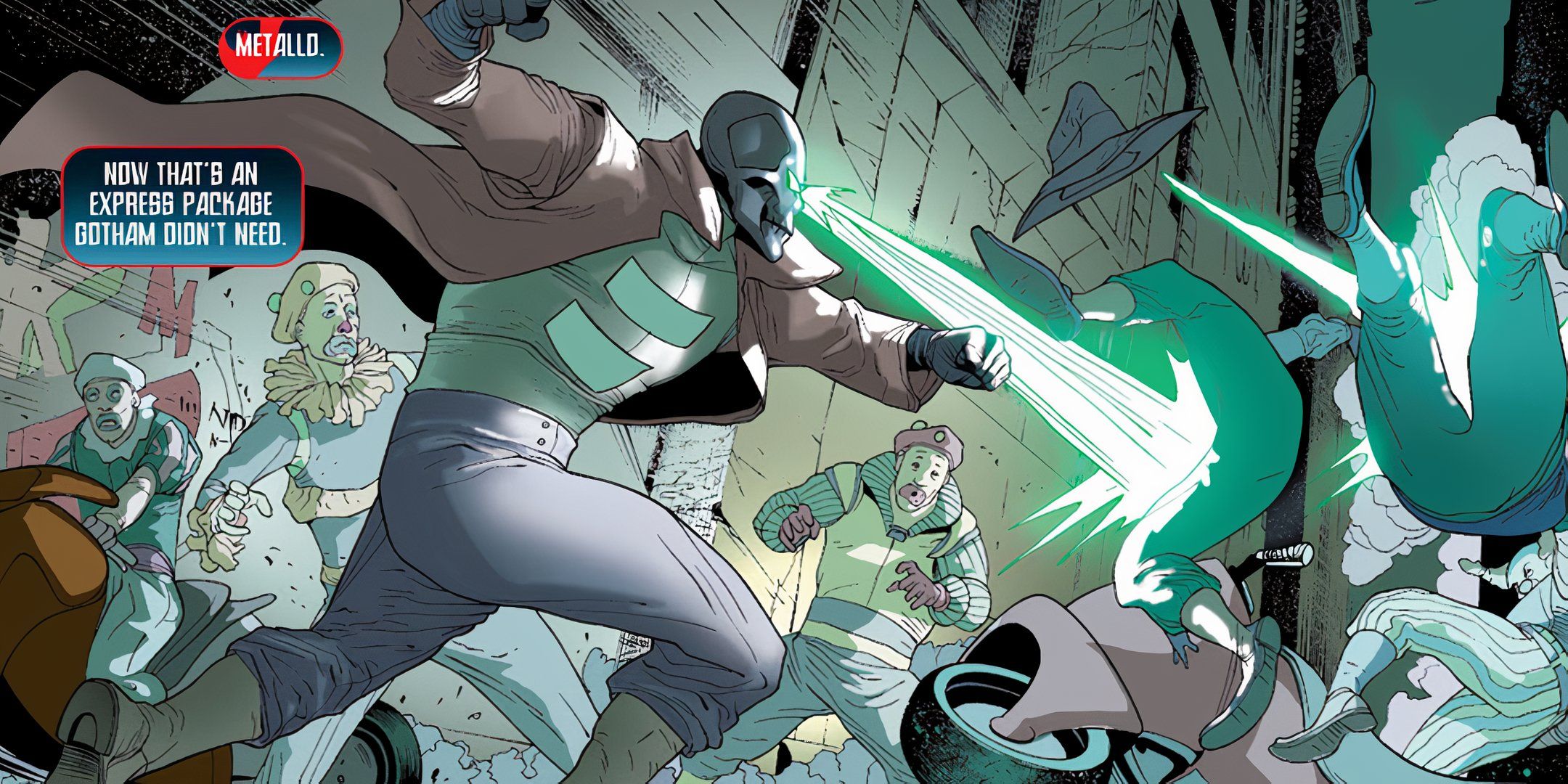 Metallo blasts a Kryptoniate beam at a group of Jokerz