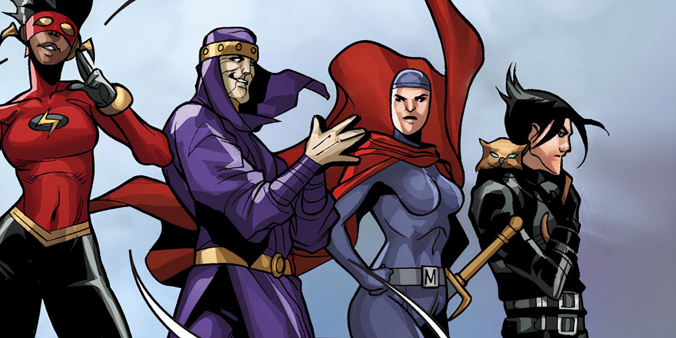Klarion the Warlock stands besides Nightmistress, Felix Faust and the Flash in Justice League Beyond 2.0