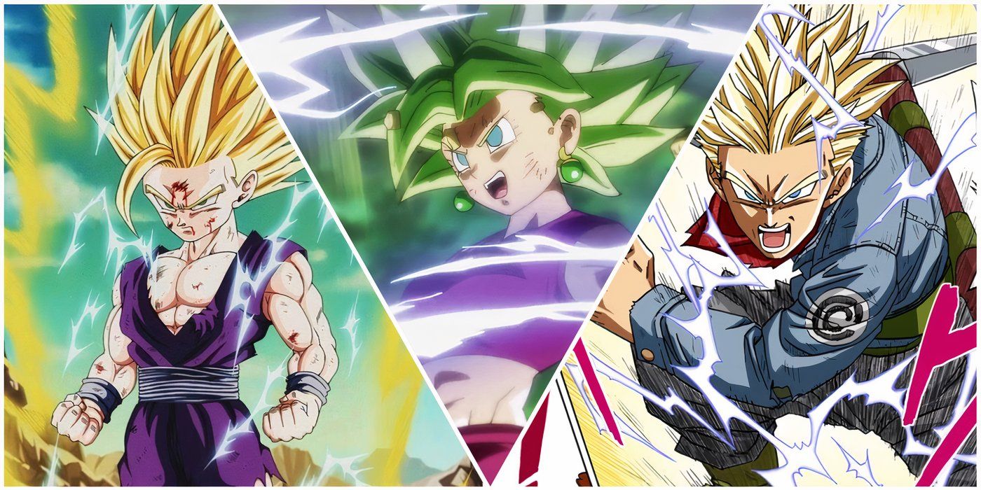 Super Saiyan 2 Gohan, Kefla, and Future Trunks from Dragon Ball.