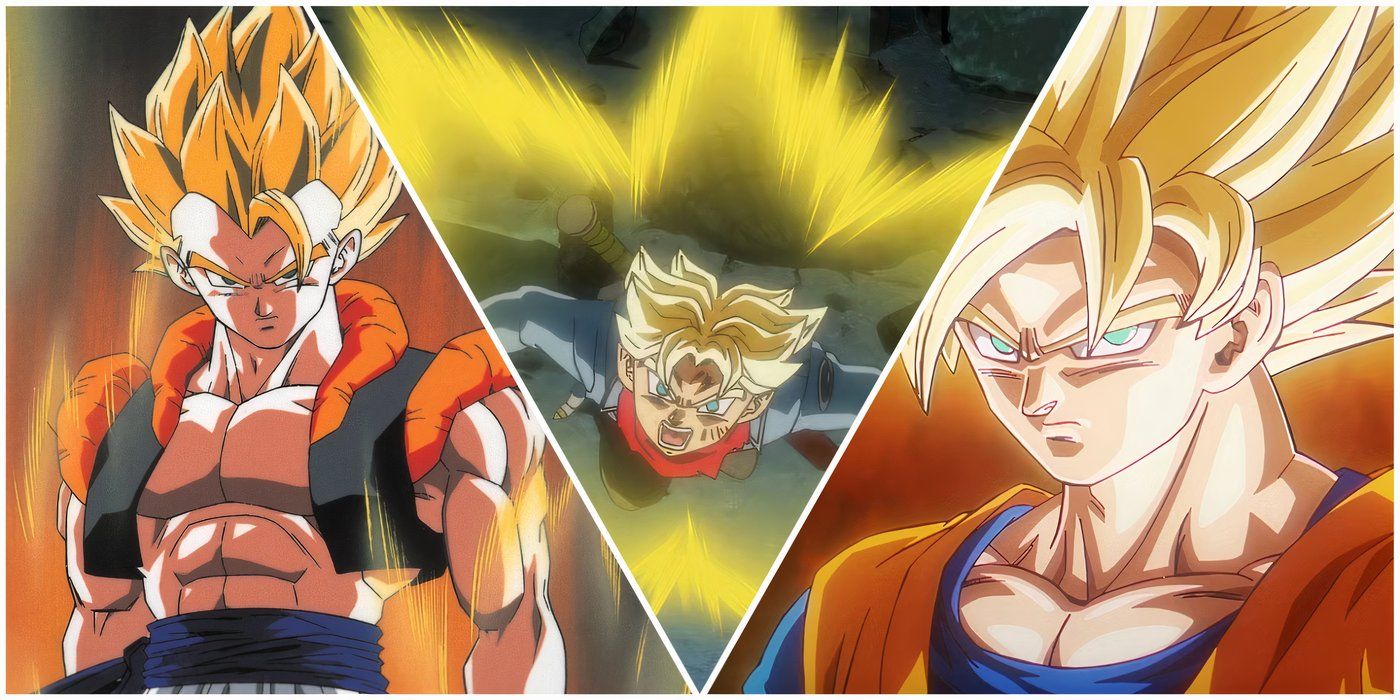 Super Saiyan Gogeta, Future Trunks, and Goku from Dragon Ball.