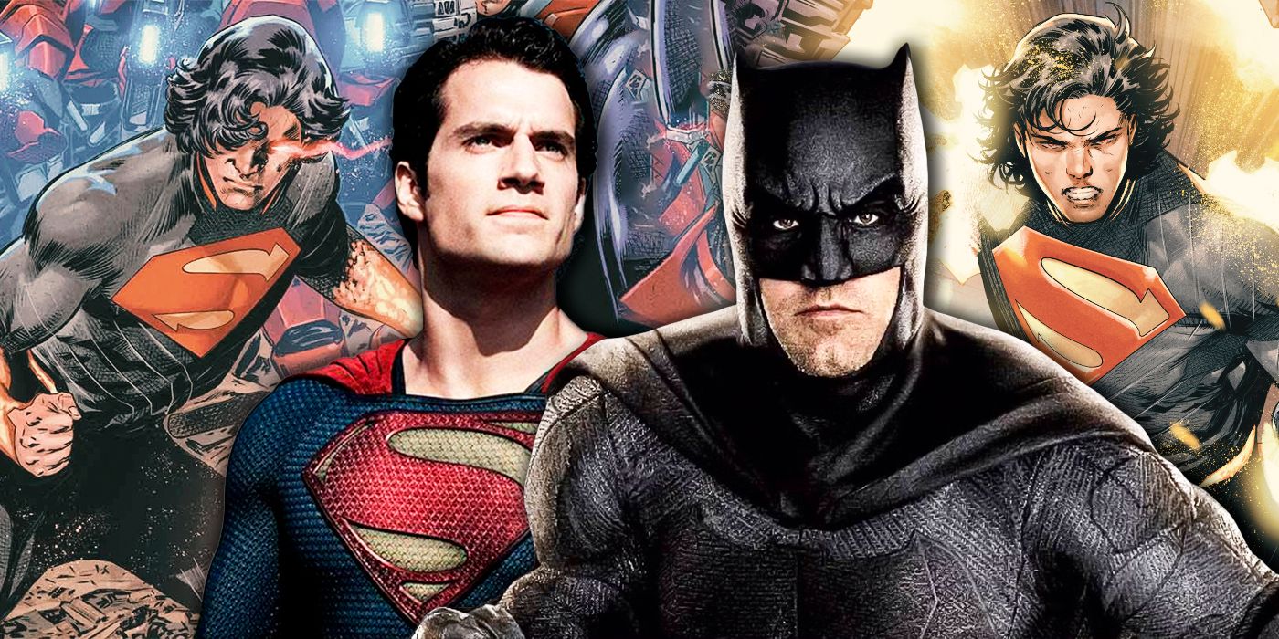 live-action Superman and Batman in the center, with comic images from Absolute Superman in the background