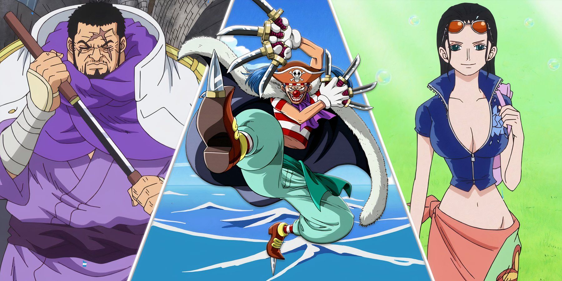Admiral Fujitora, Buggy the Clown, and Nico Robin in One Piece