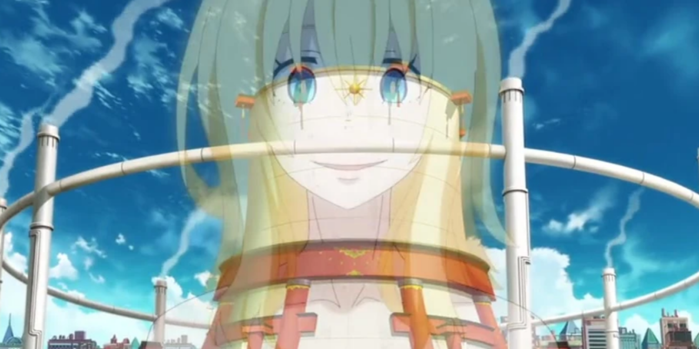 An image of the girl Amaterasu is shown in front of the building of the same name in Fire Force.