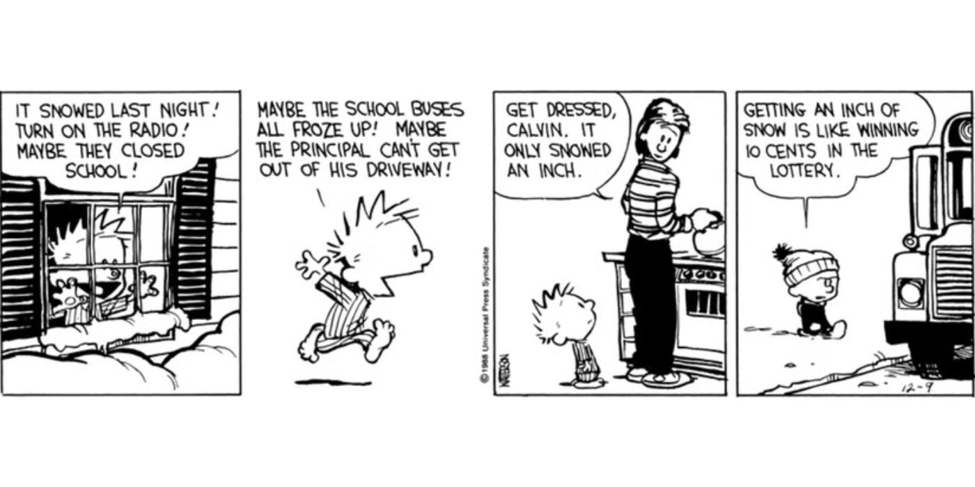 Calvin deplores a thumb of snow in Calvin and Hobbes