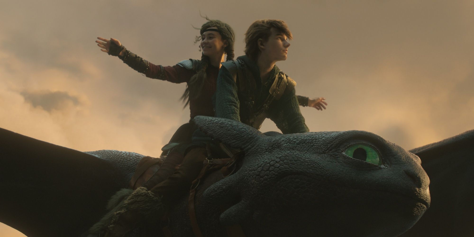 Astrid smiles while holding his arms on Krokmou with Hiccup in How to Train Your Dragon