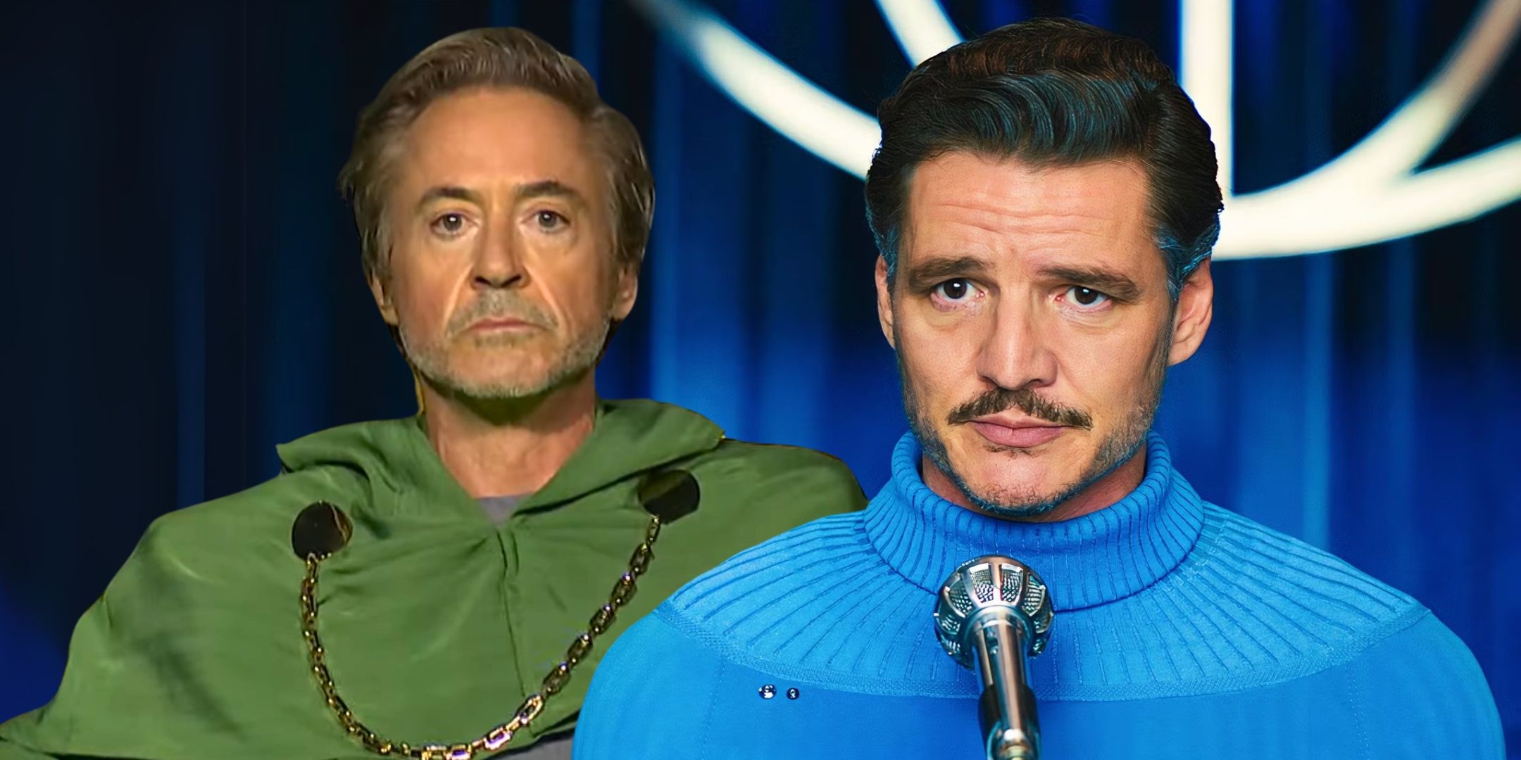 Un collage con Robert Downey Jr con su disfraz verde y Pedro Pascal como Reed Richards