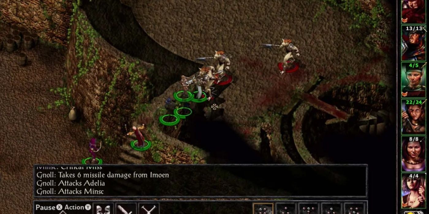 Baldur's Gate gameplay with the party fighting off a pack of gnolls.