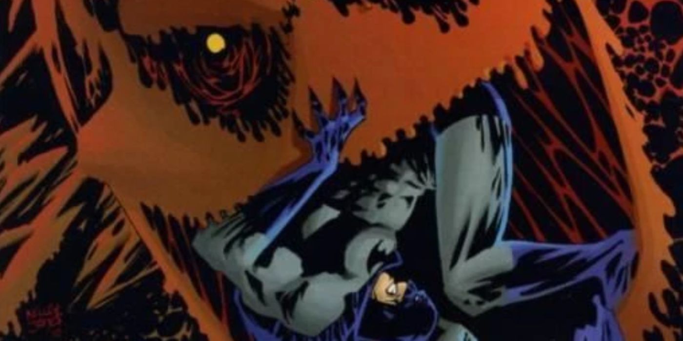 Batman trying to wrestle his way out of Clayface's gaping maw.