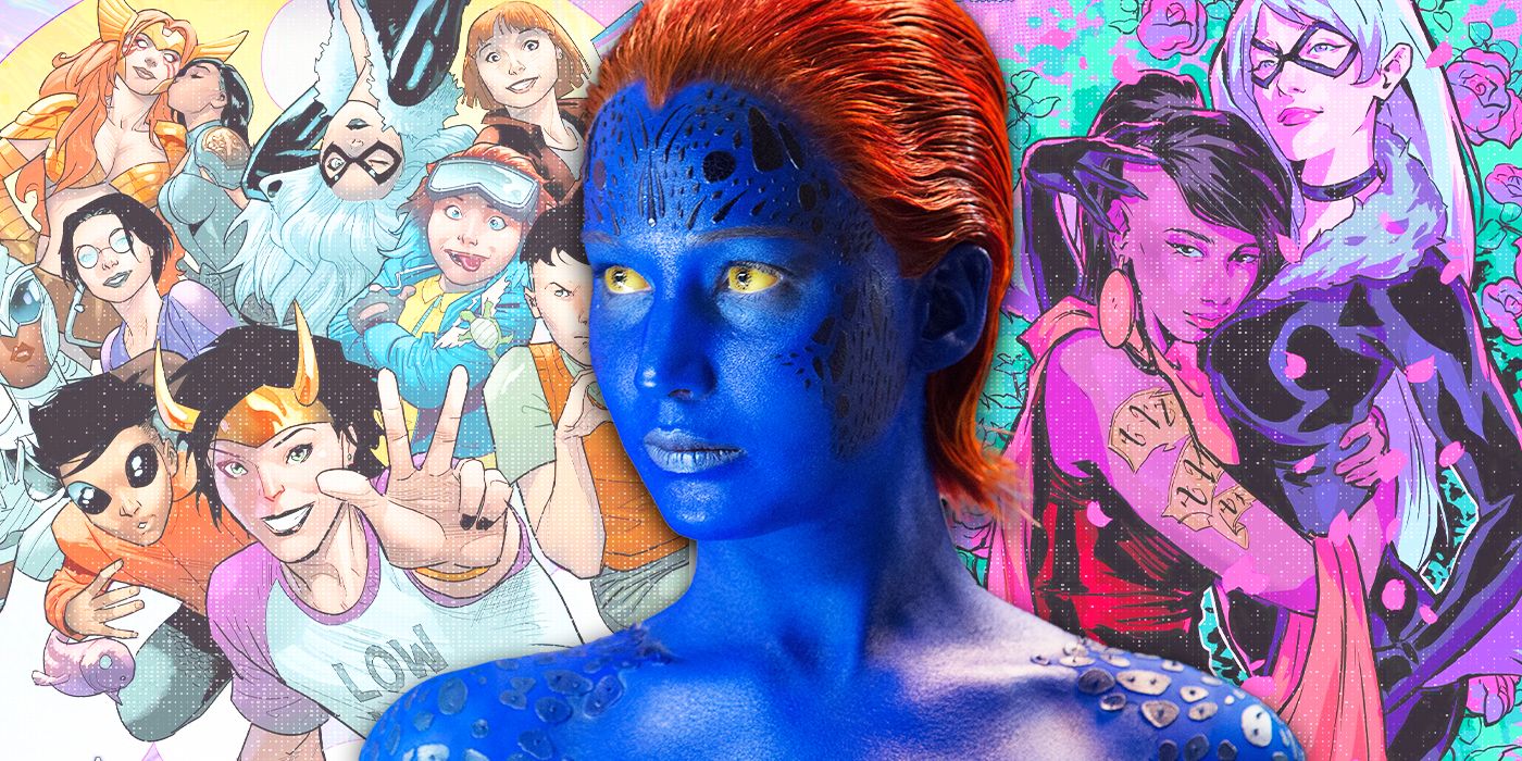 Mystique with black cat comic covers on the background