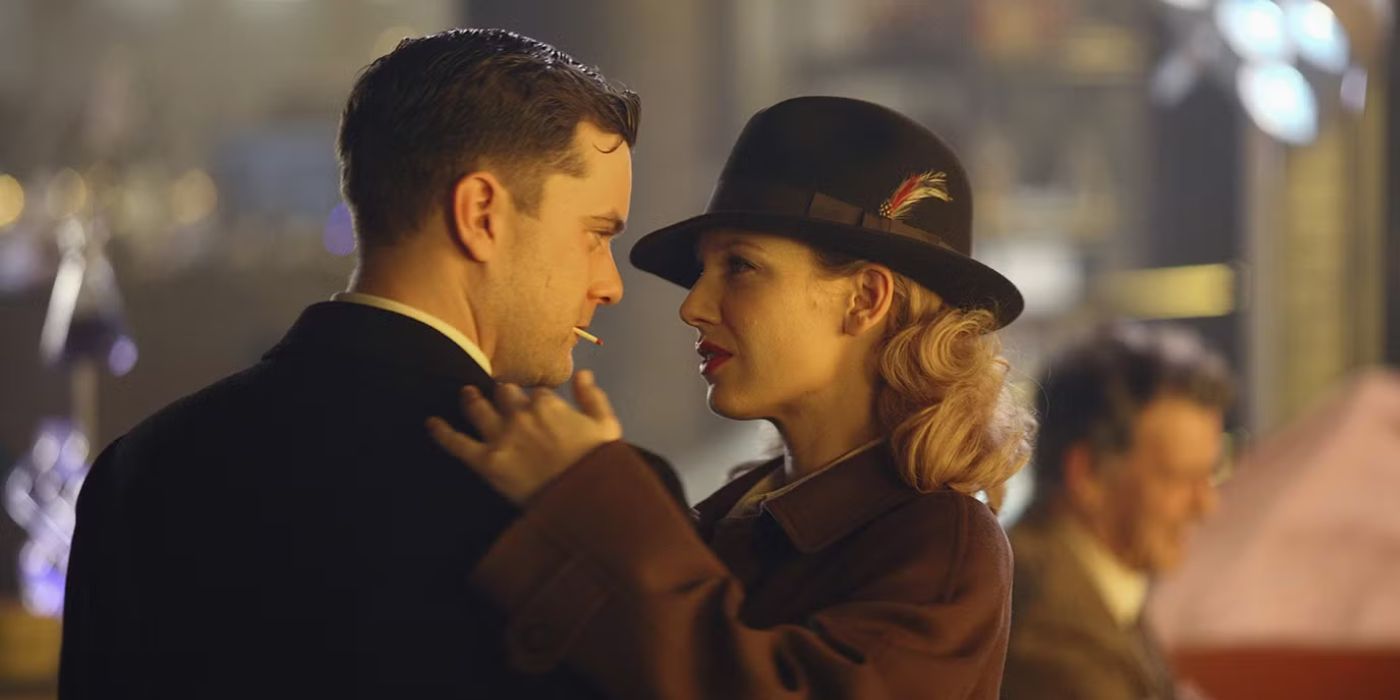 Peter and Olivia dancing in hard boiled detective outfits