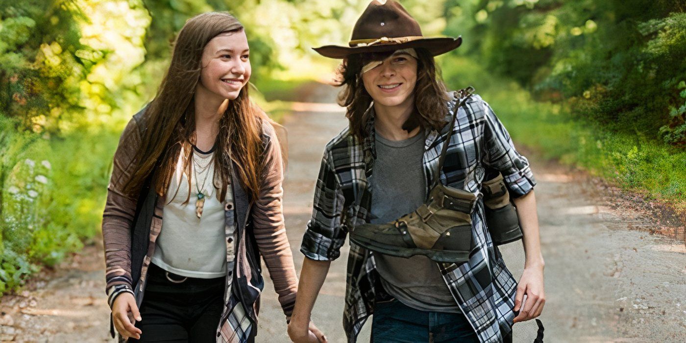 Carl and Enid holding hands while roller-skating in The Walking Dead.