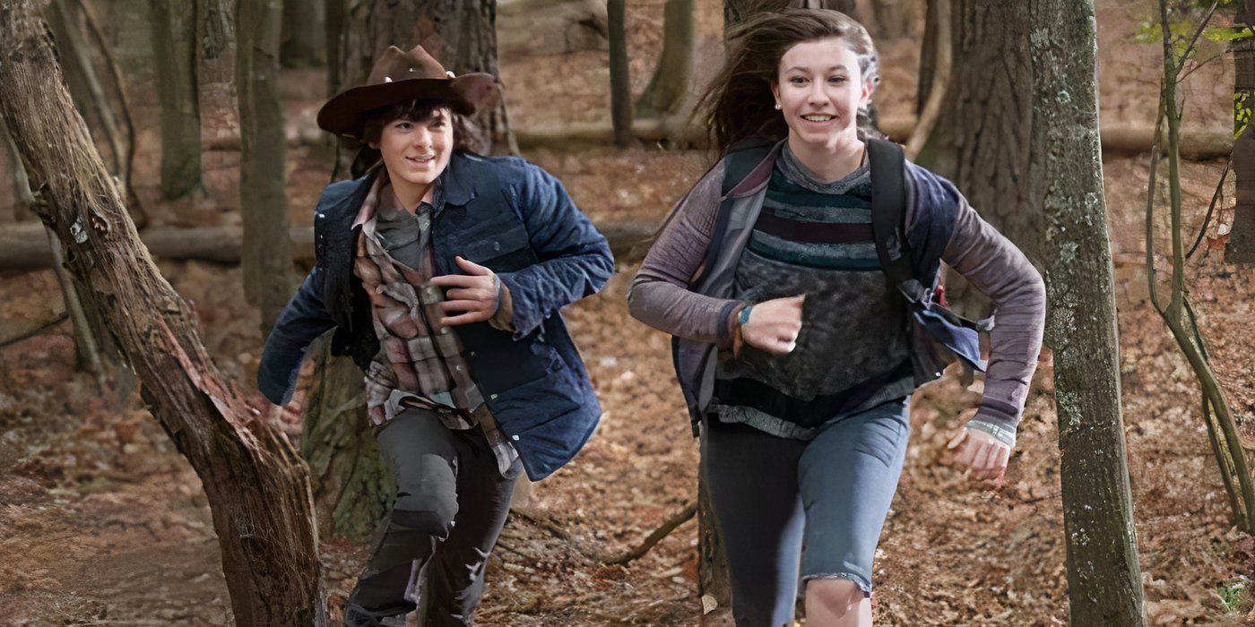 Carl and Enid running through the woods in The Walking Dead.