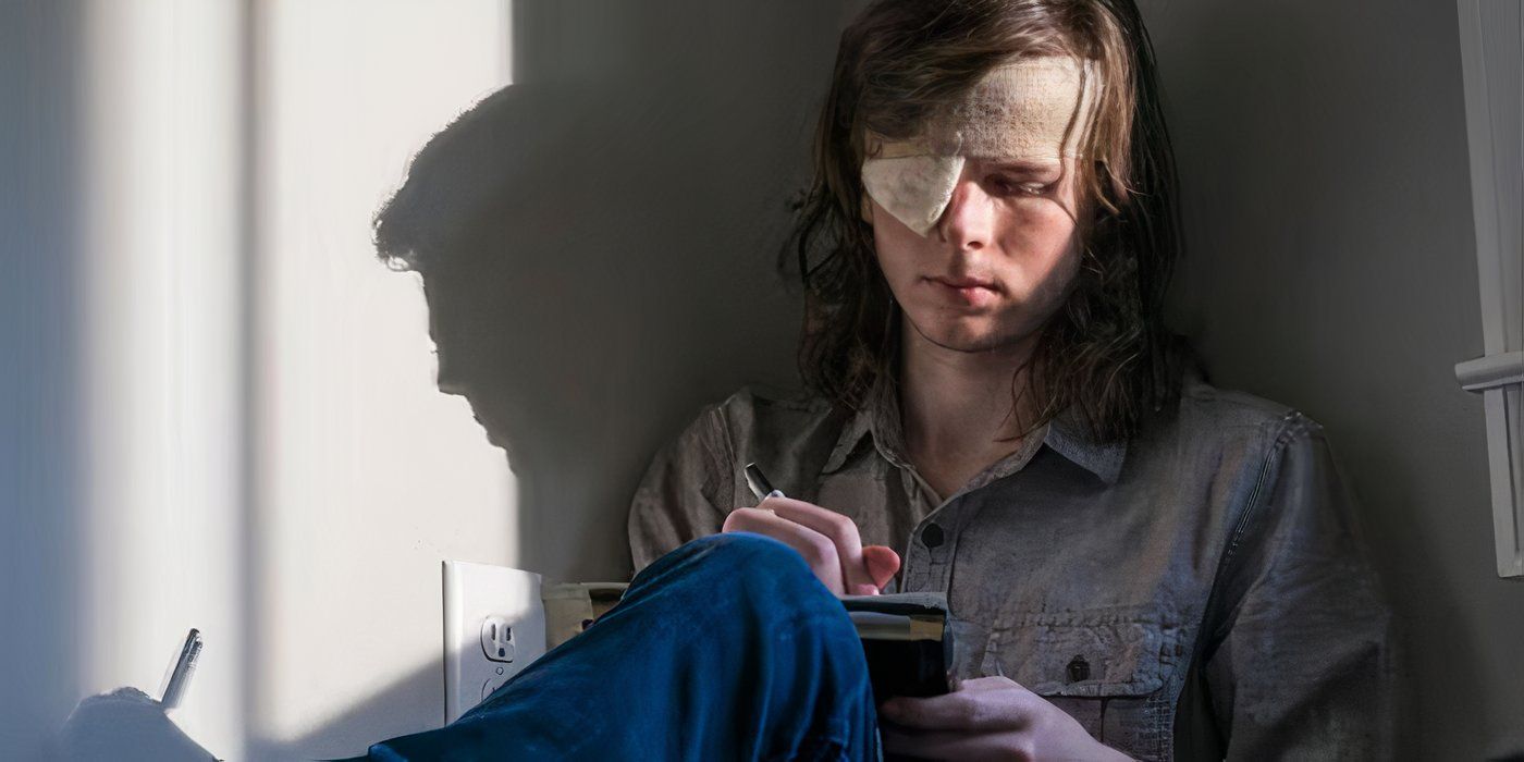 Carl writes a letter to Enid before succumbing to a walker bite on The Walking Dead.