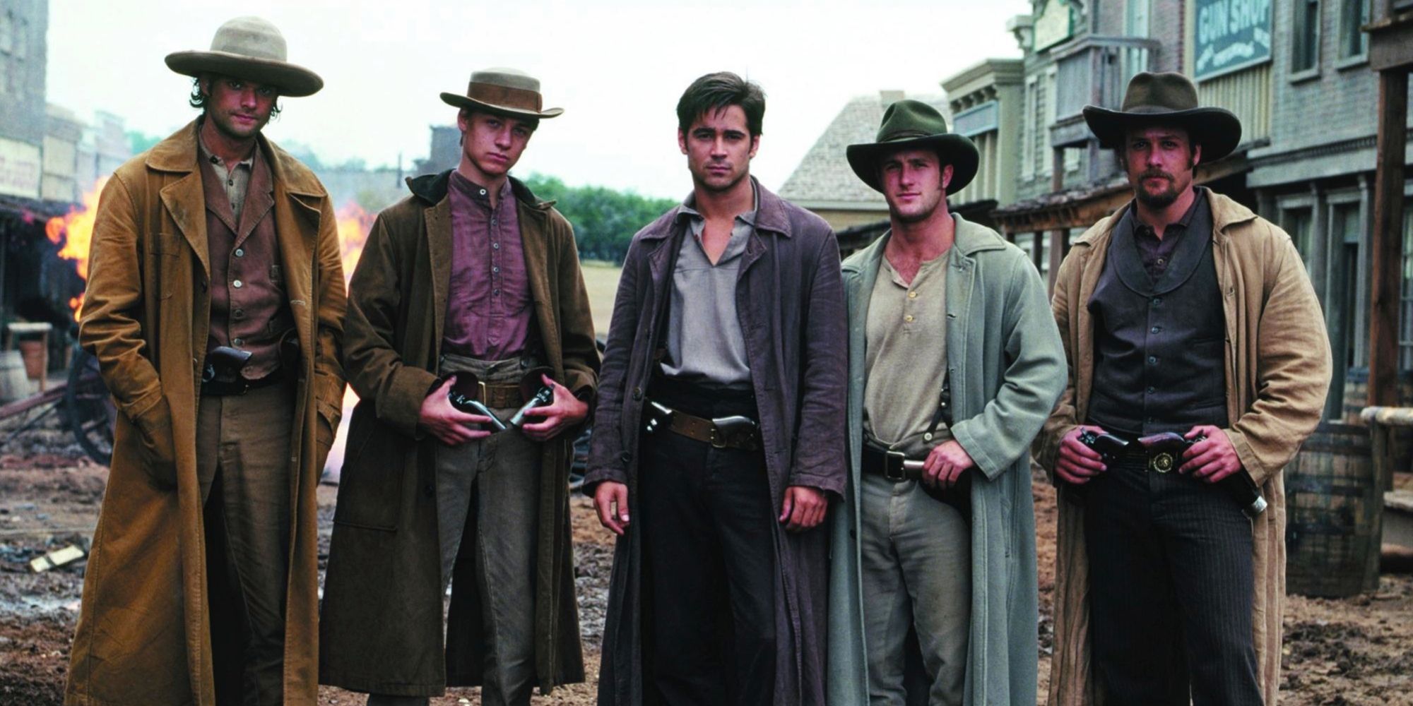 The distribution of American outlaws pose in an old western town