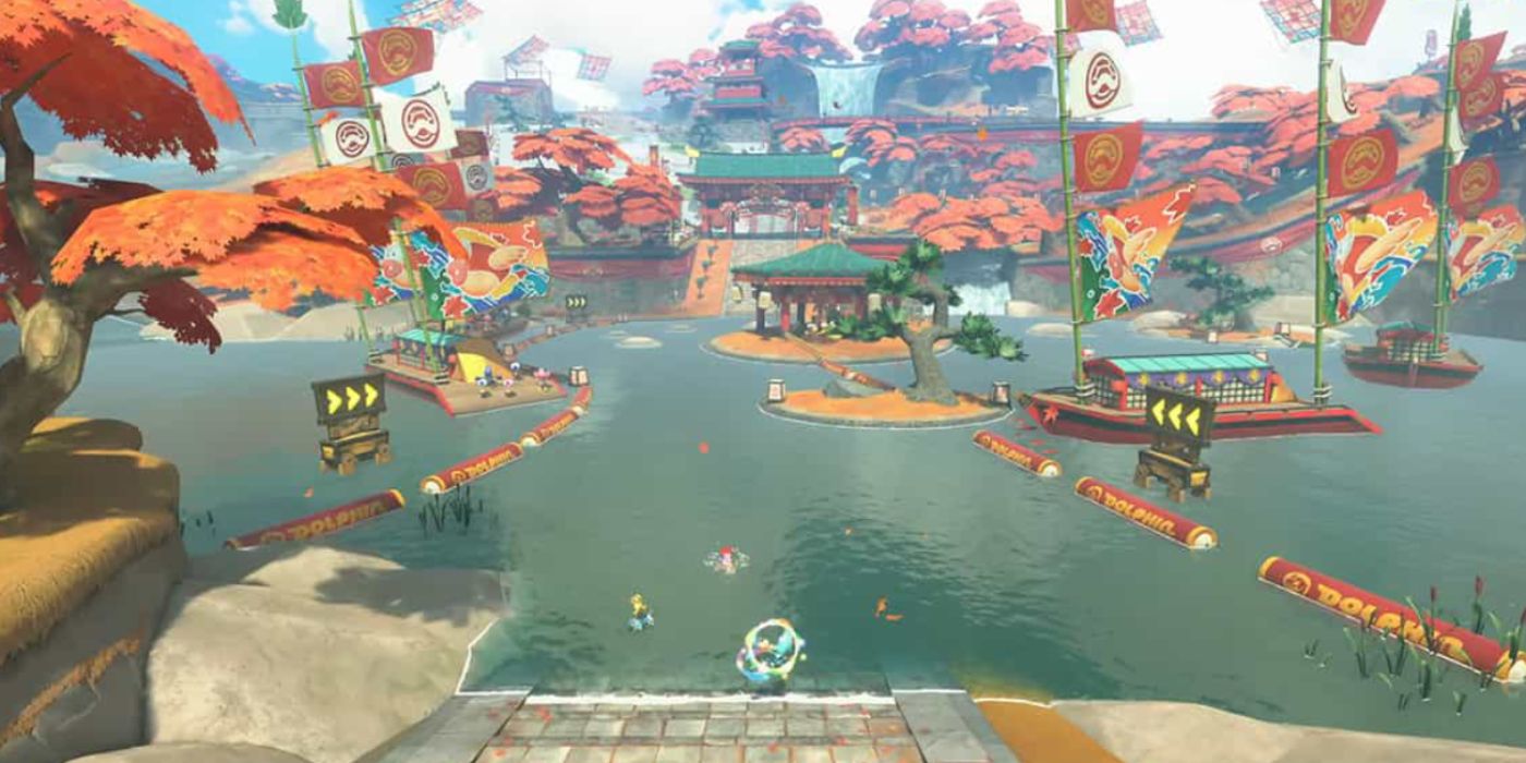 An overhead look at Cheep Cheep Falls in Mario Kart World
