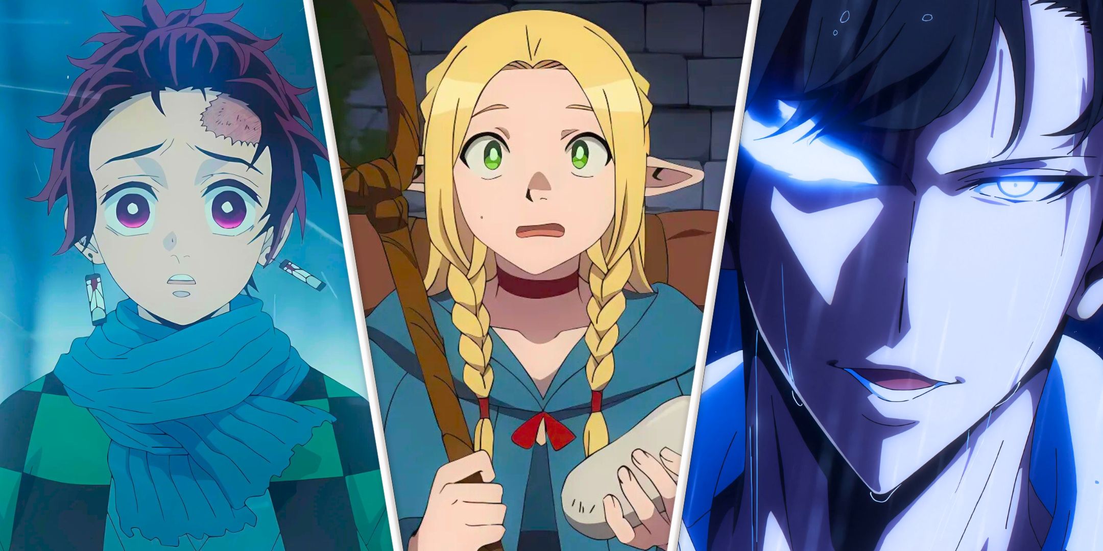 Tanjiro (Demon Slayer), Marcille (Delicious in Dungeon) and Sung Jinwoo (Solo Leveling)