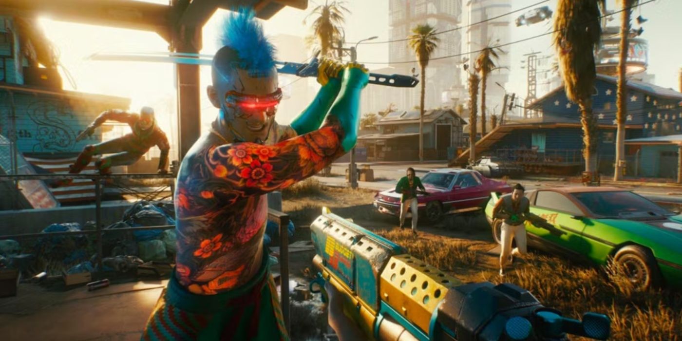 The player is aiming their gun at a katana-wielding enemy in Cyberpunk 2077.