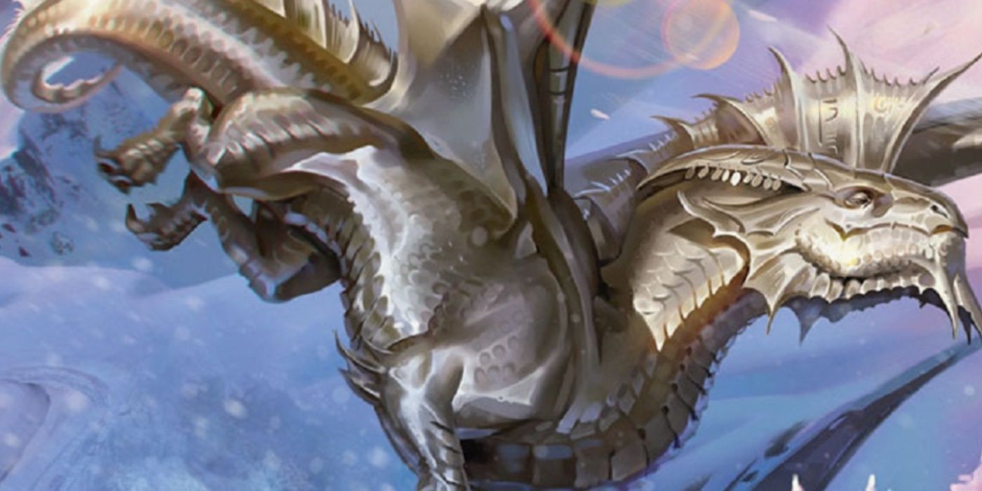 A Silver Dragon from Dungeons & Dragons flying among snowy mountains in the Peril in Pinebrook adventure.