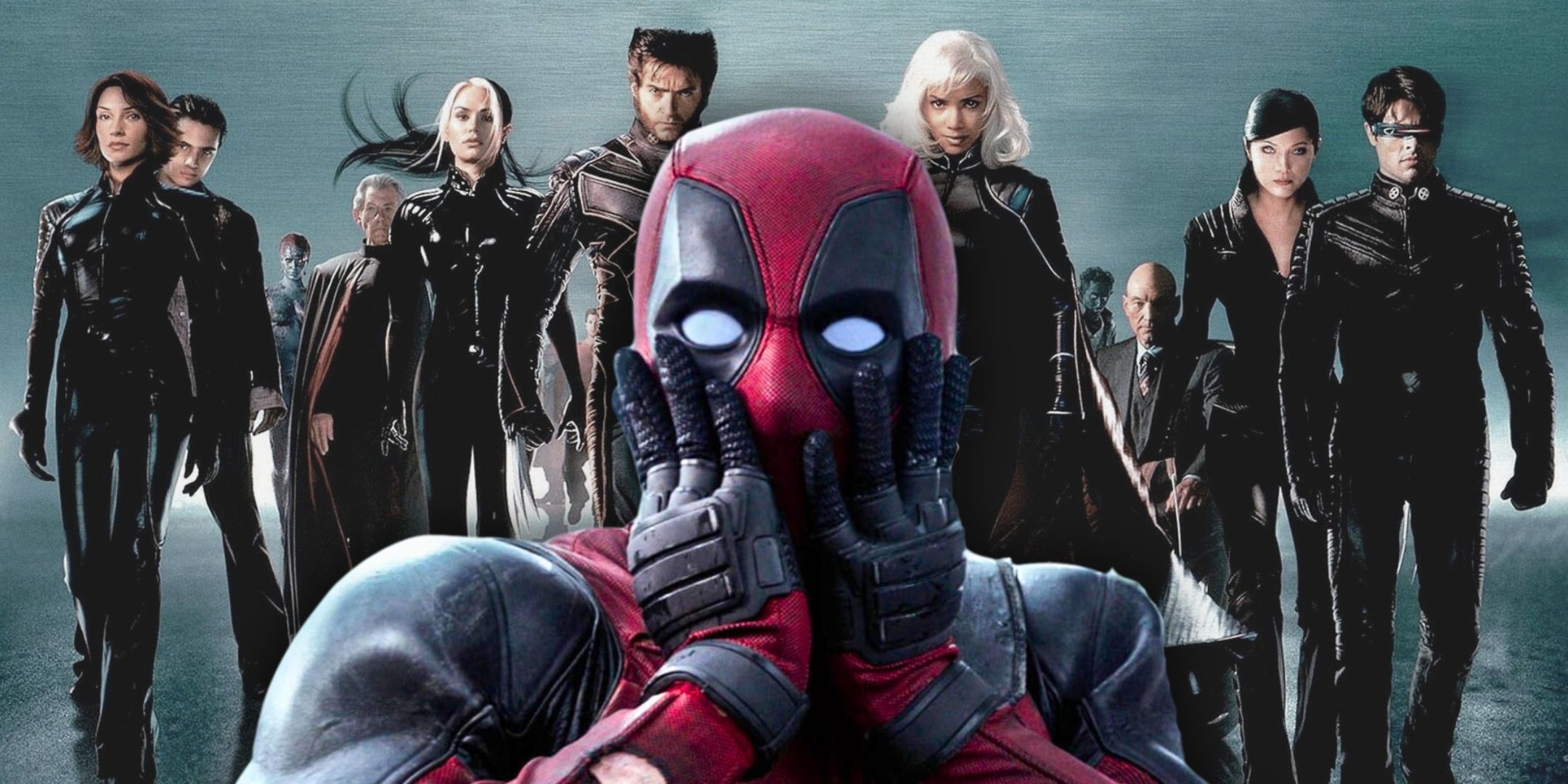 Deadpool looking surprised with the cinematic X-Men behind him