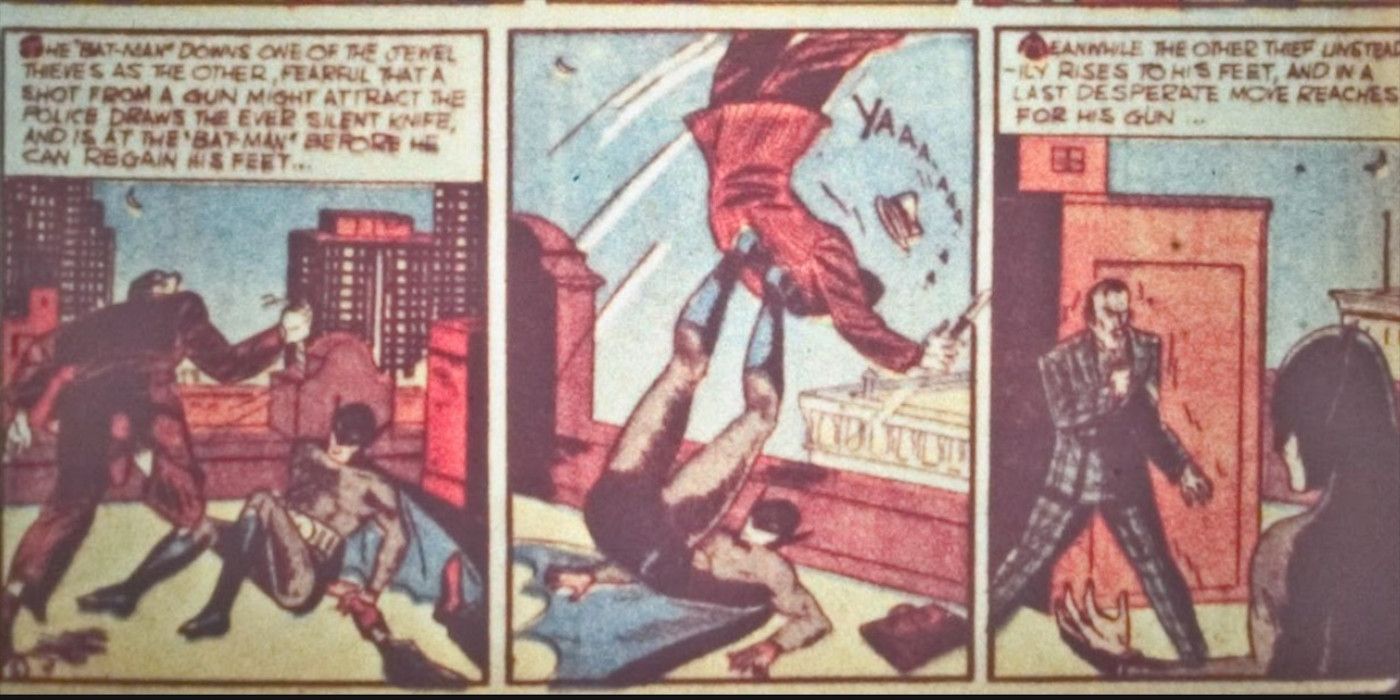 Batman kicks a criminal off of a roof