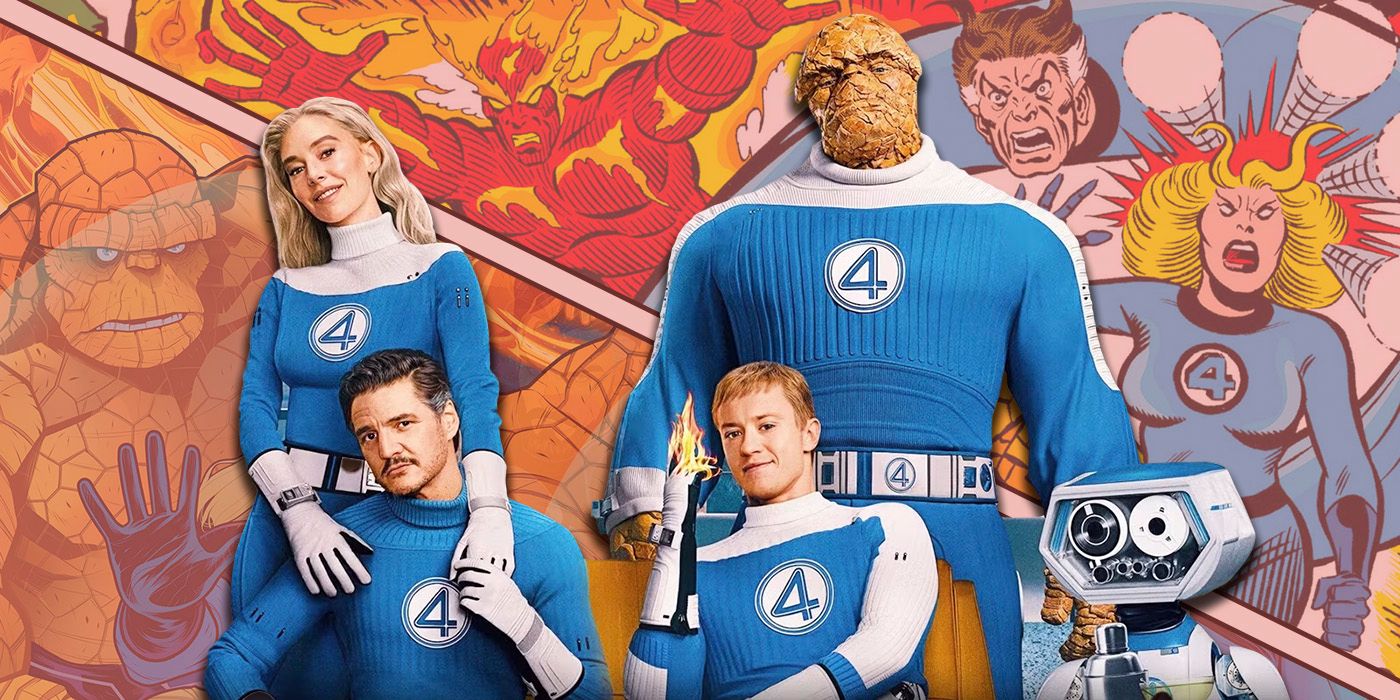 The fantastic four with images of comics behind them