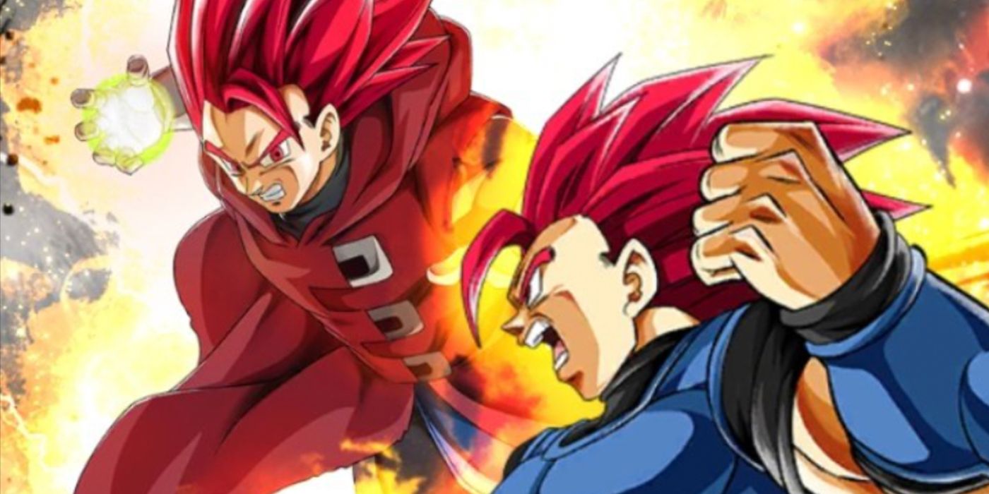 Super Saiyan God Shallot and Giblet battle each other in Dragon Ball Legends.