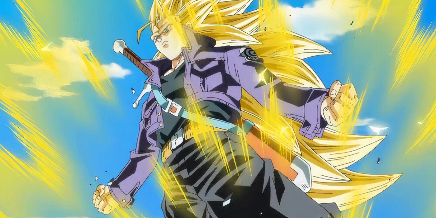 Super Saiyan 3 Future Trunks powers up for battle in Super Dragon Ball Heroes.