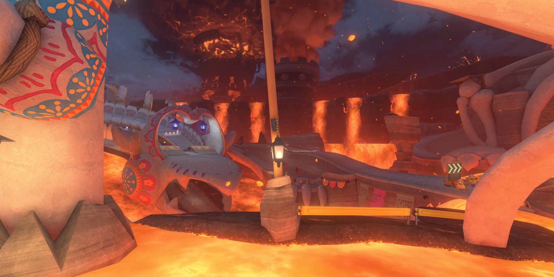 The large, painted, Dry Bones skull in Dry Bones Burnout in Mario Kart World