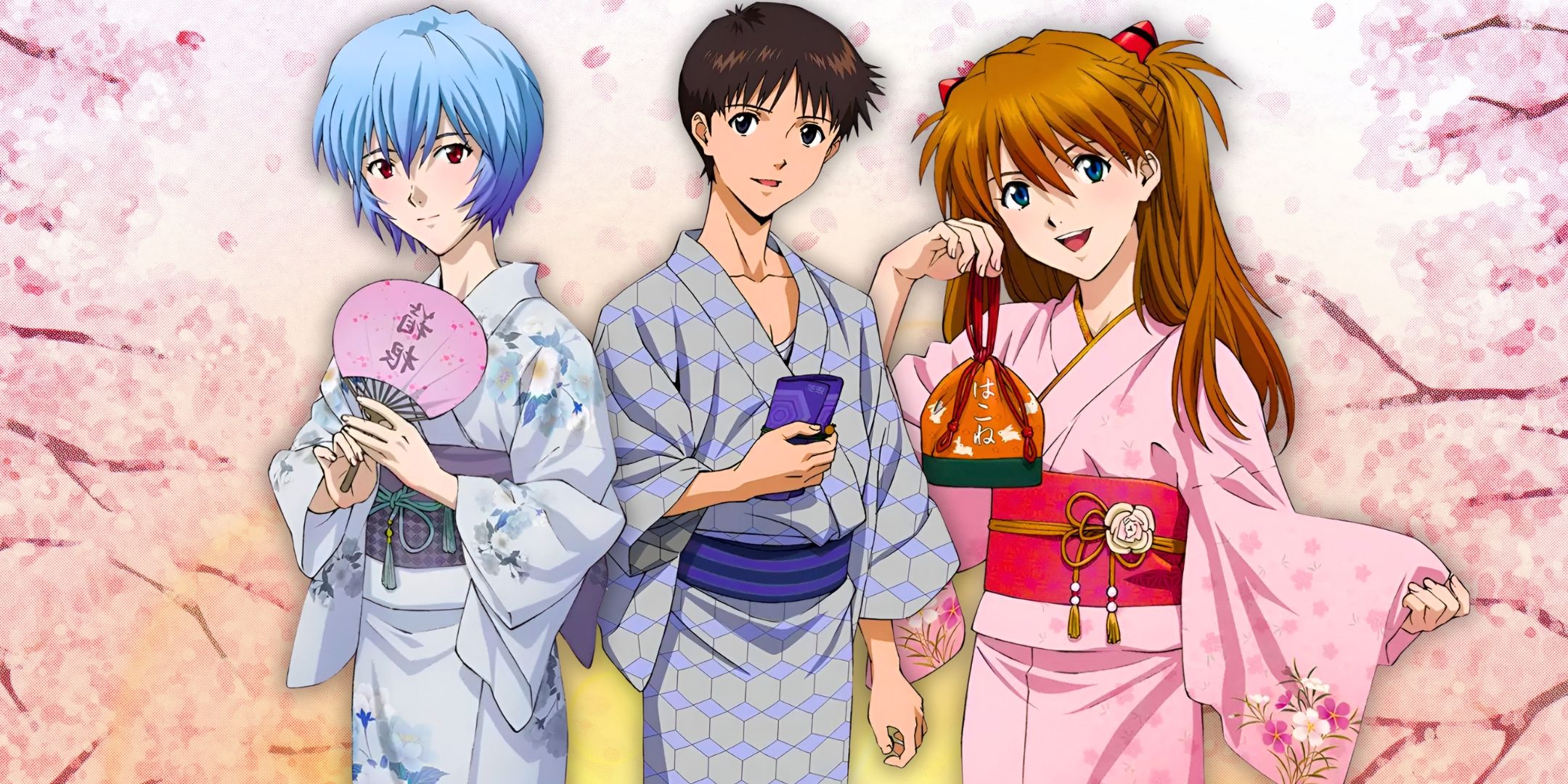 Rei, Shinji and Asuka of anime Evangelion in Kimono with cherry blossoms