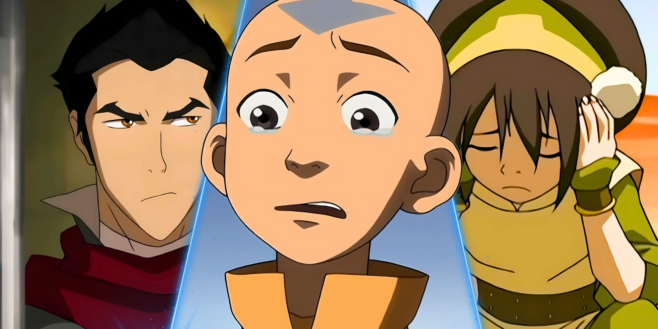 Una imagen dividida con Mako en busca de la leyenda de Korra, Aang en busca de triste y tophic en busca de Avatar: The Last Airbender
