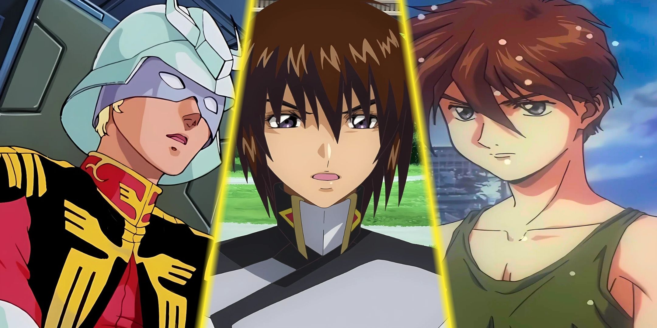 Una imagen dividida de los personajes principales del contraataque de Chers, la libertad de semillas de Gundam y el vals sin finales