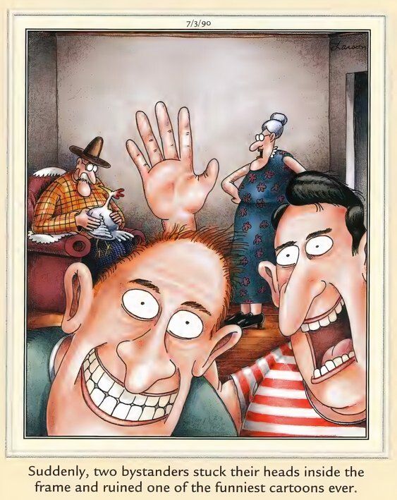 Far Side comic with characters photobombing