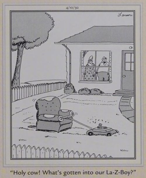 A chair mows a lawn
