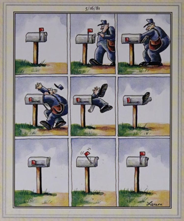 A postal worker is sucked into a mailbox.
