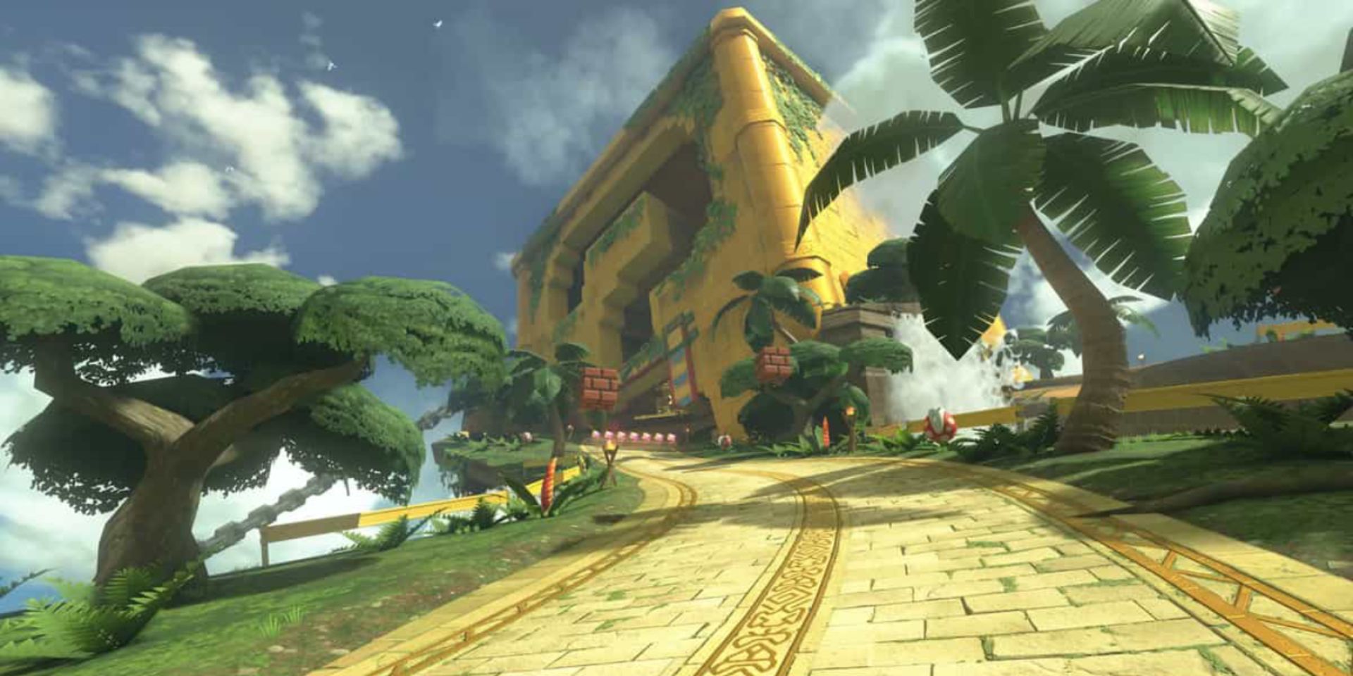 An overhead look at the Great ? Block Ruins in Mario Kart World