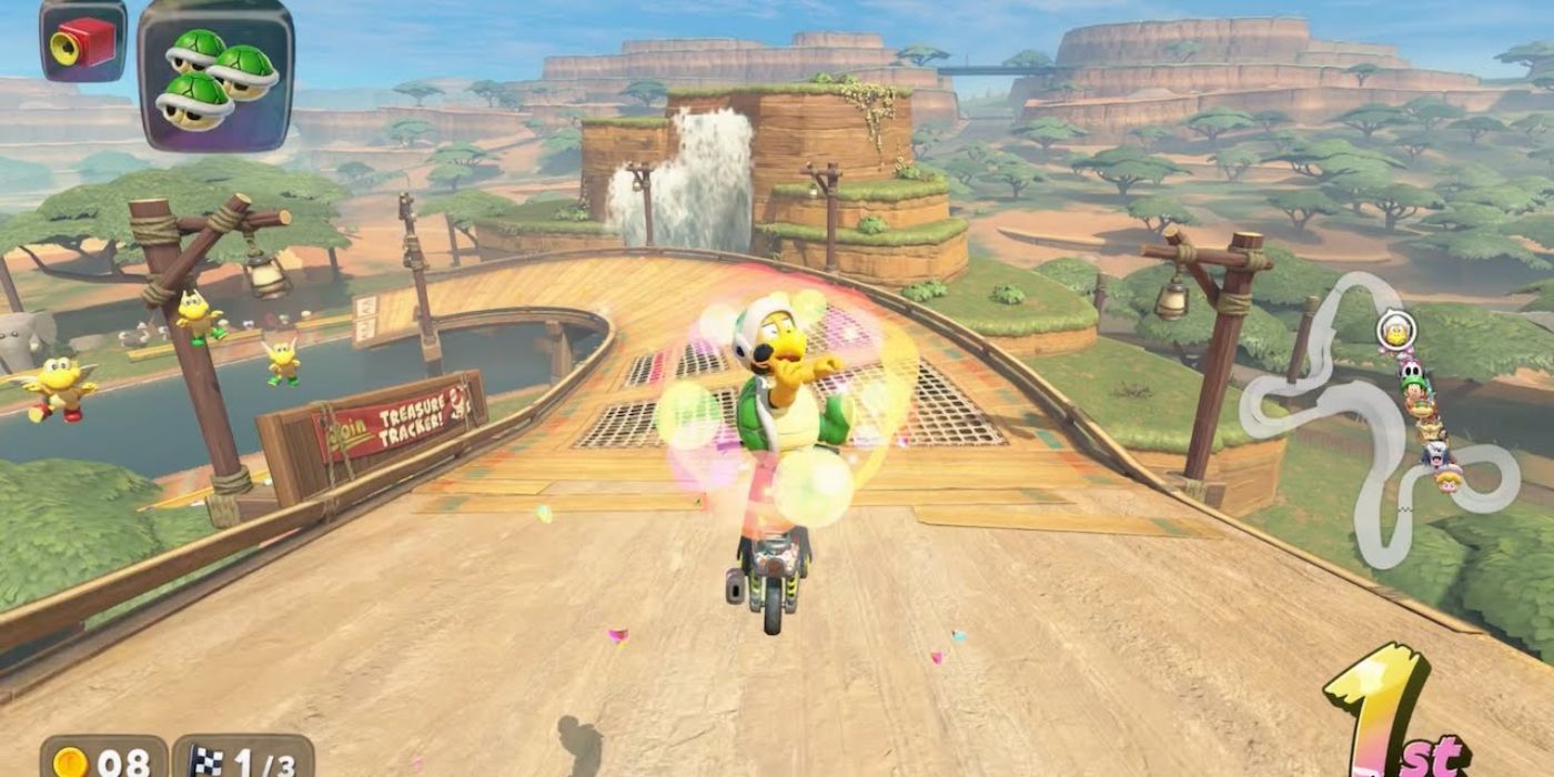 Hammer Bro performing a trick after jumping off a ramp in Faraway Oasis in Mario Kart World