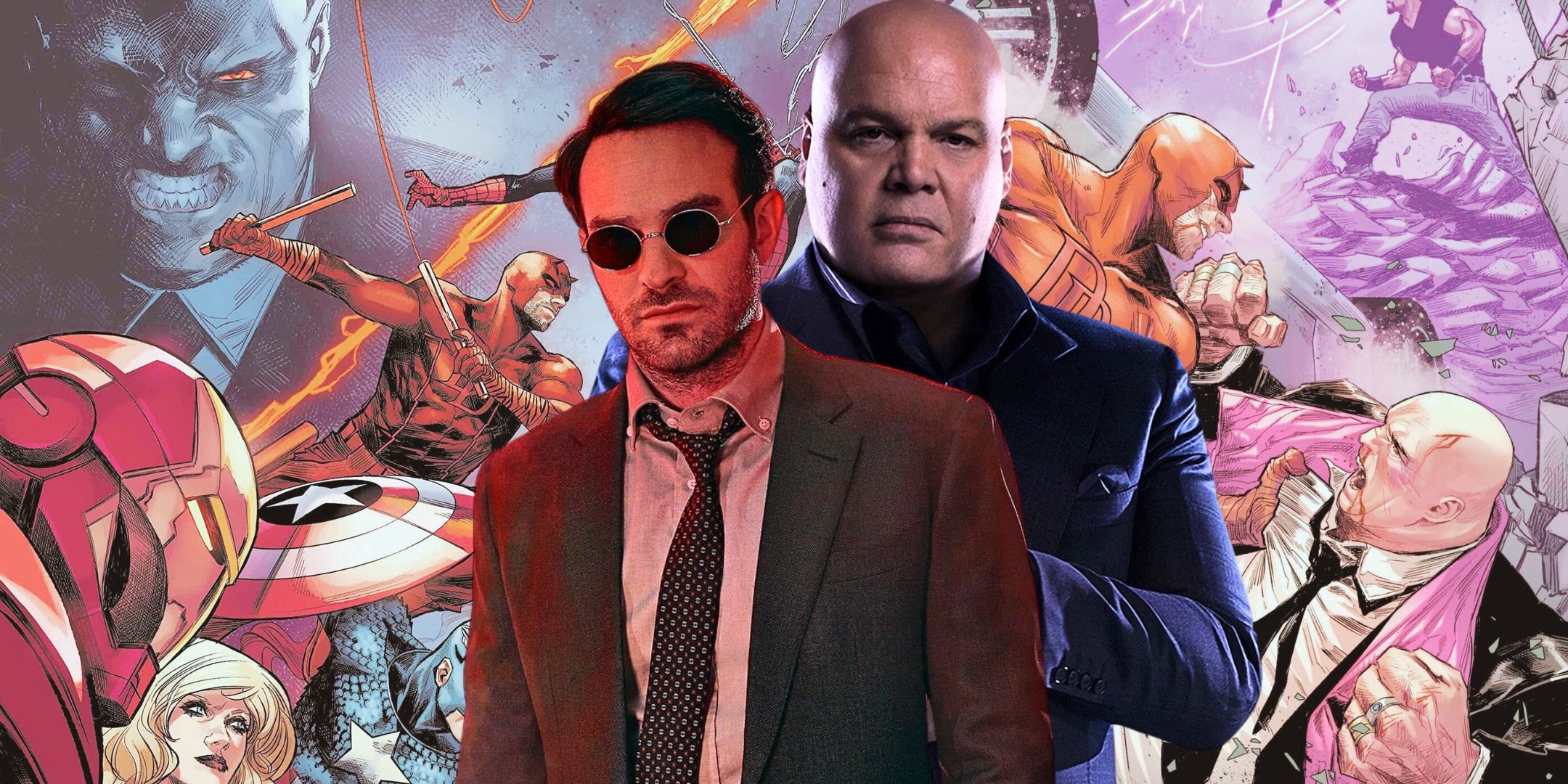 A collage of live-action Daredevil and Kingpin from Born Again in the center, with comic images from Marvel's Devil's Reign event in a lighter/faded background