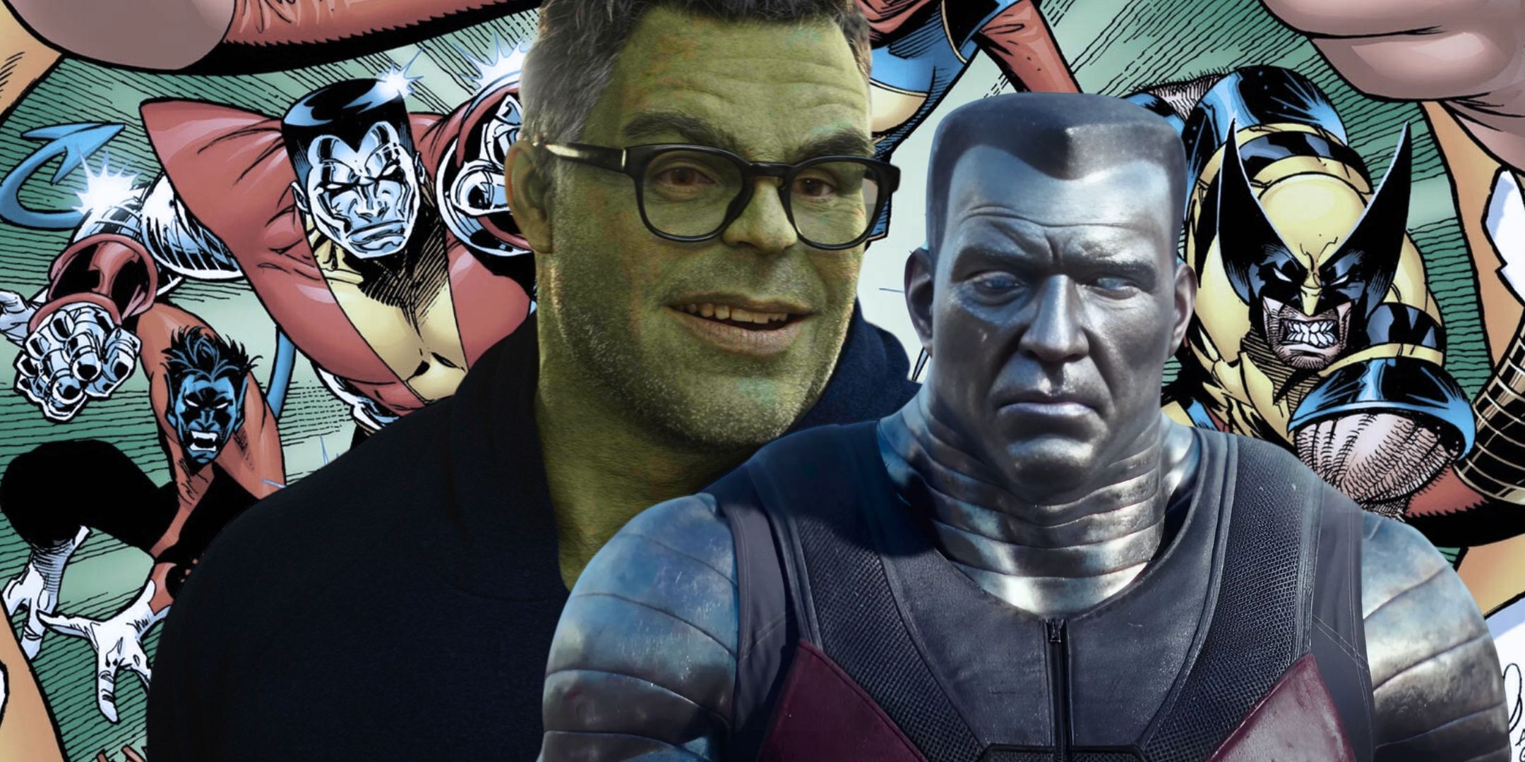 A collage of MCU Hulk and a live-action Colossus in the center with the cover to 2025's Giant-Size X-Men #1 in the background