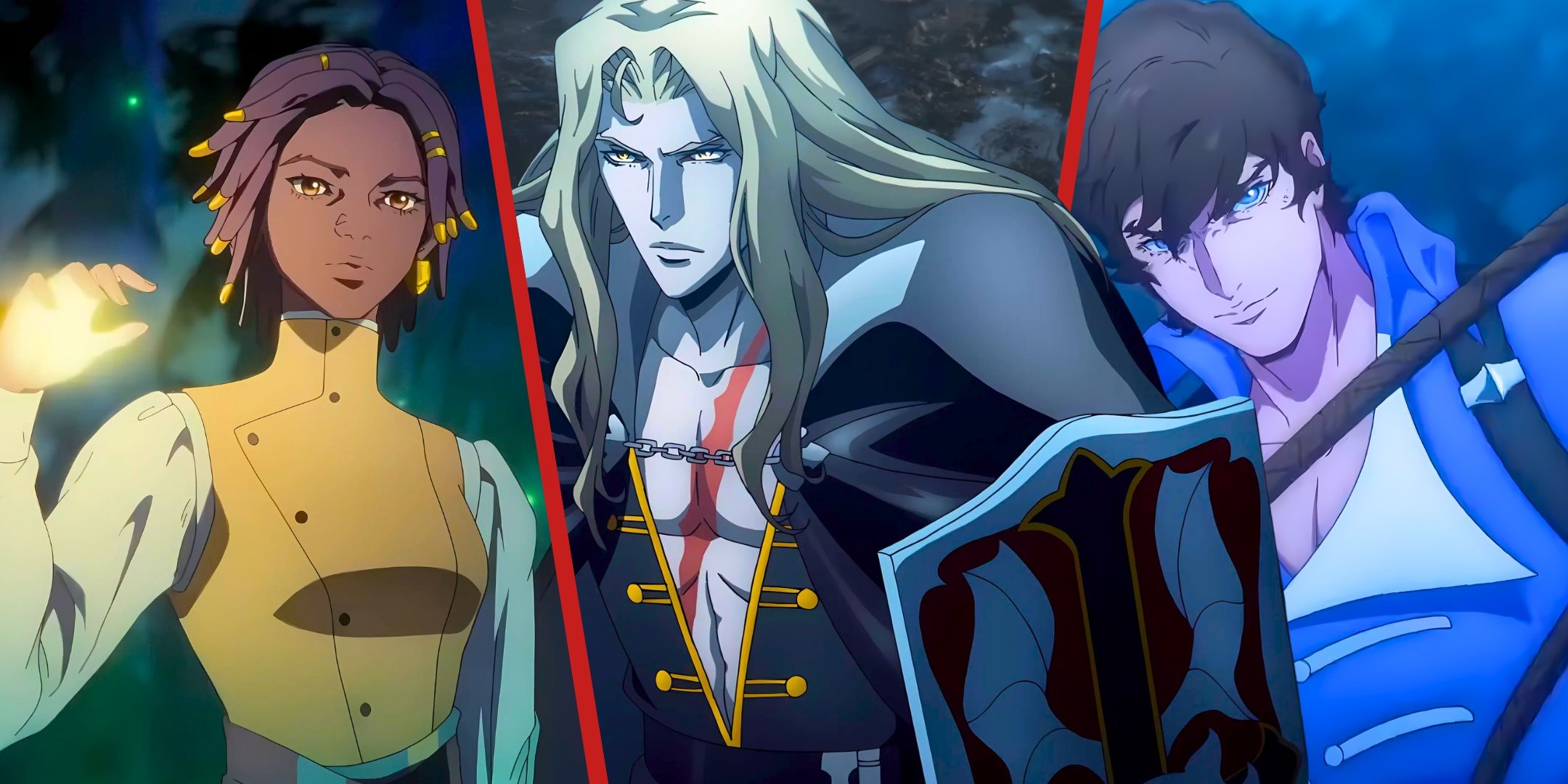 A split image featuring Alucard and the characters from Netflix's Castlevania