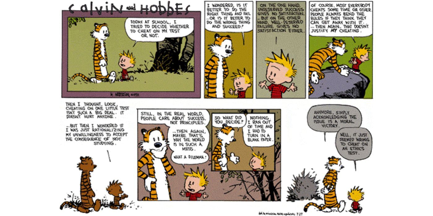 Calvin speaks of knowing if he should have deceived a test at Calvin and Hobbes
