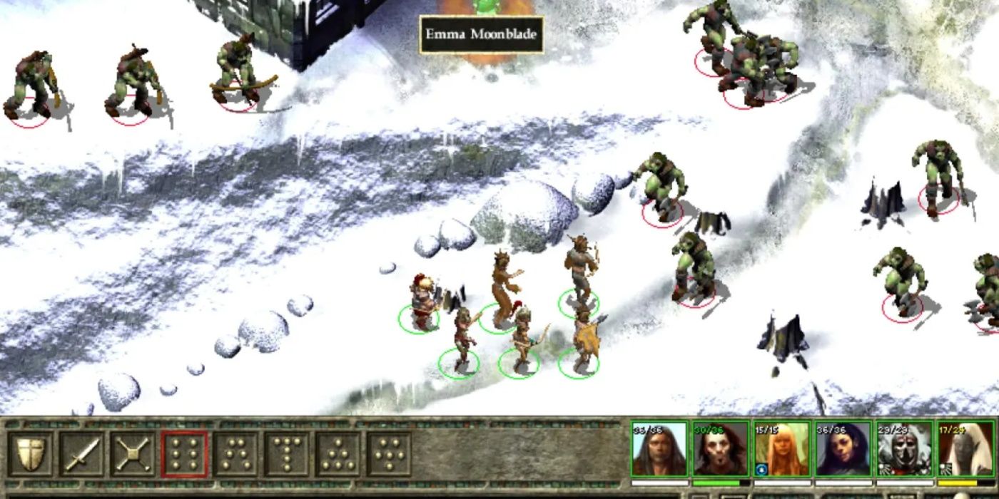 Icewind Dale 2 gameplay shows the combat battling Goblinoids in the snow.