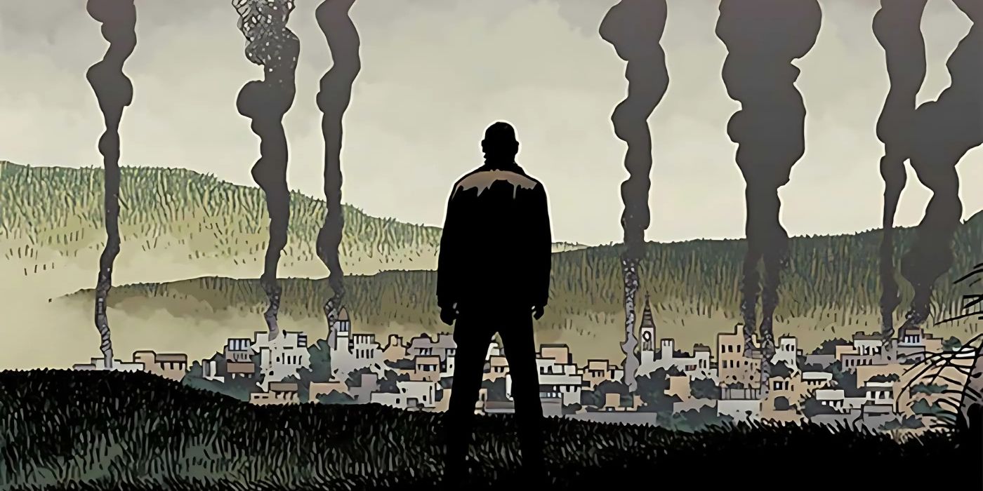 Illustration of a figure standing over a town with smoke rising on the cover of The Walking Dead
