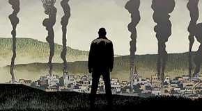 Illustration of a figure standing over a town with smoke rising on the cover of The Walking Dead