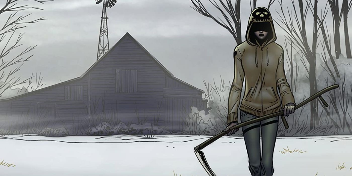 Illustration of Em Cypress holding her scythe on the cover of Revival