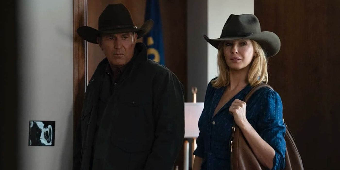 John and Beth are wearing cowboy hats in the building and looking forward.