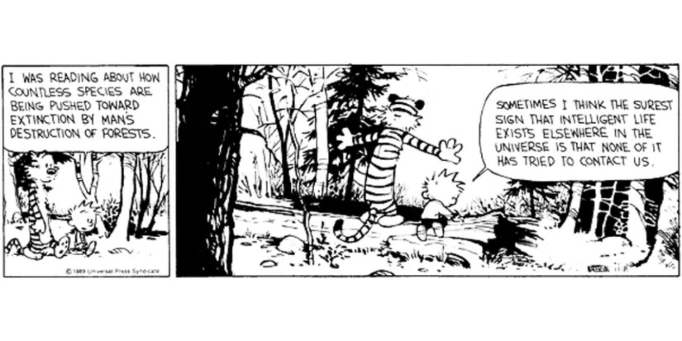 Calvin and Hobbes cross a forest and Calvin speculates on intelligent life elsewhere in the universe.