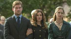 Cane, wearing a suit, with Peyton holding his arm next to Bree in Netflix TV show The Waterfront