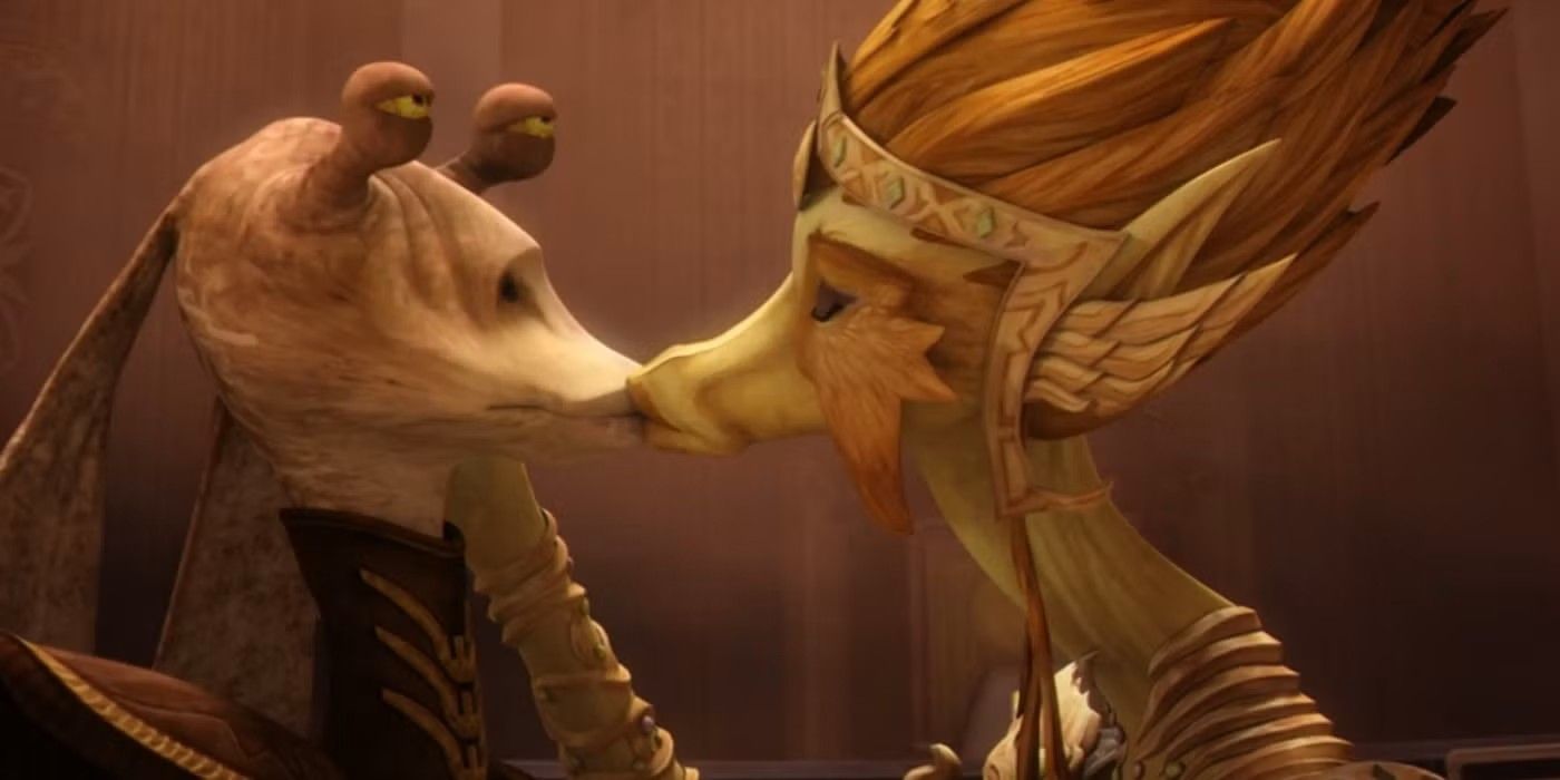 Jar Jar Binks e a Rainha Julia trocando um beijo