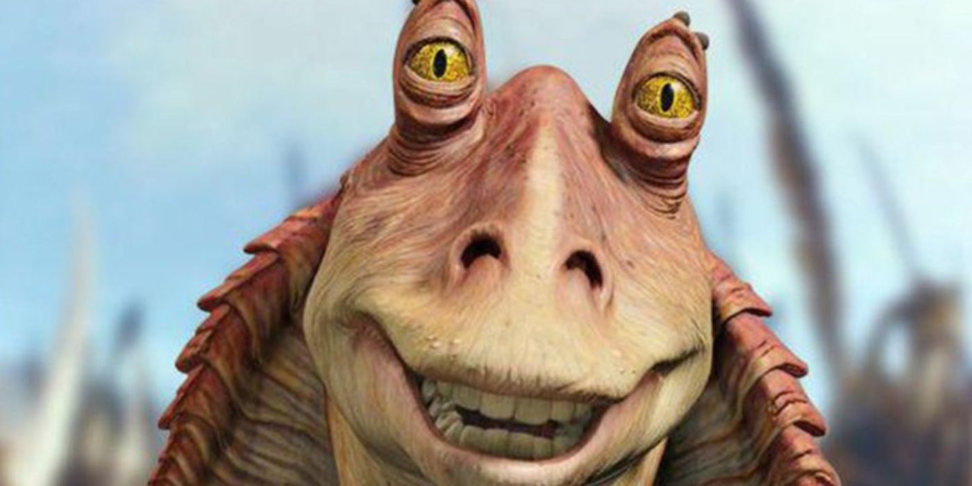 Jar Jar Binks olha para alguém antes da batalha final em Naboo no Episódio I